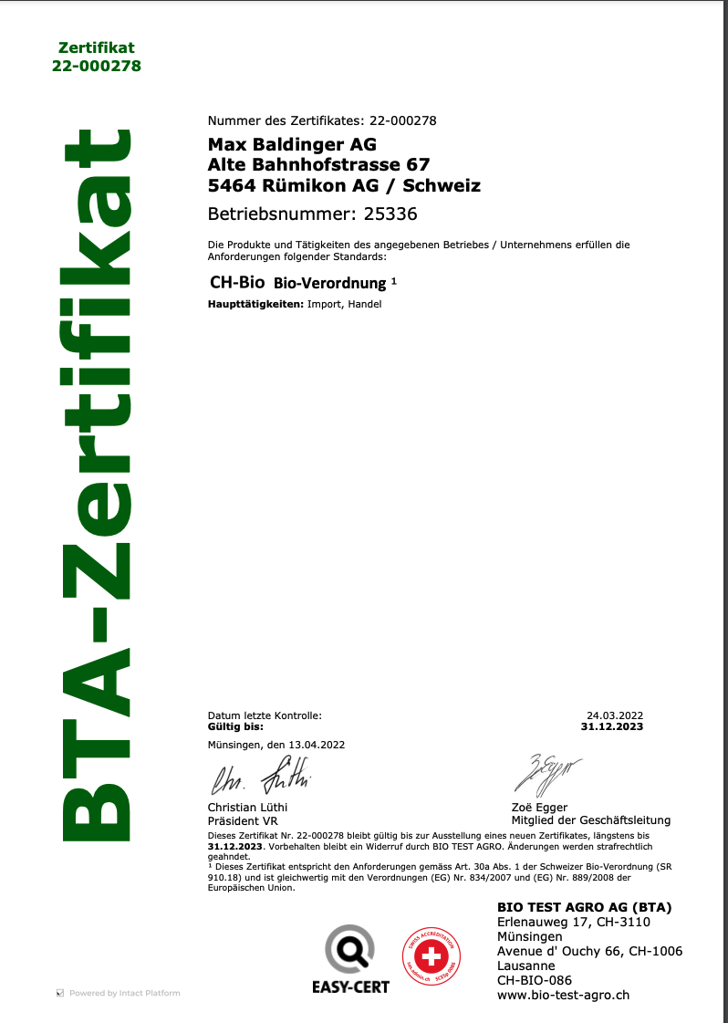 Bio Zertifikat nach CH-Bio Verordnung